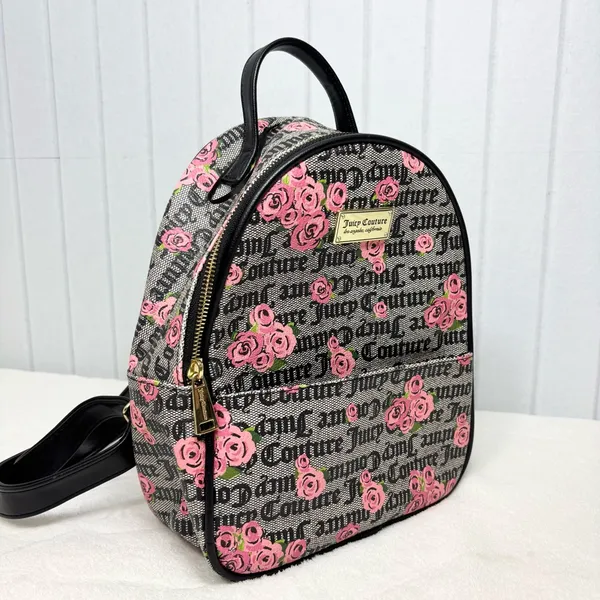 Juicy Couture Pink Rose Print‎ Black Logo Faux Leather Backpack - Image 2