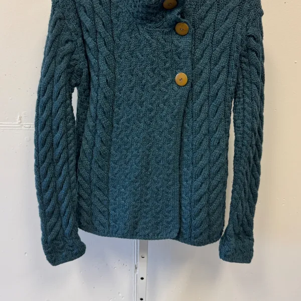 Carraig Donn Irish Merino Wool Cable Knit Cardigan Teal Blue XS Made in Ireland - Image 5