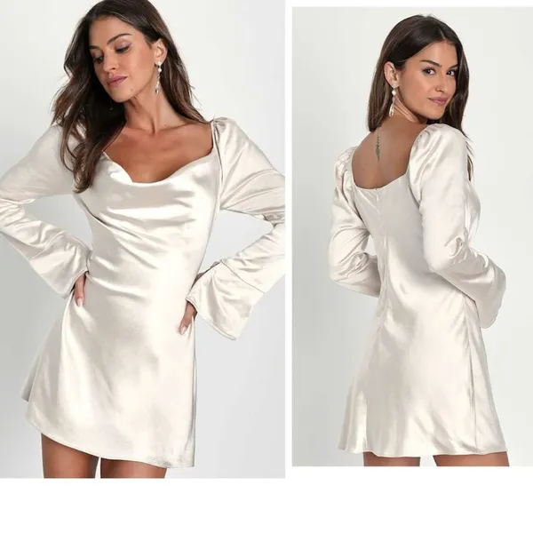 Lulus Sensational Fate Champagne Satin Cowl Neck Mini Dress size small sexy club - Image 2