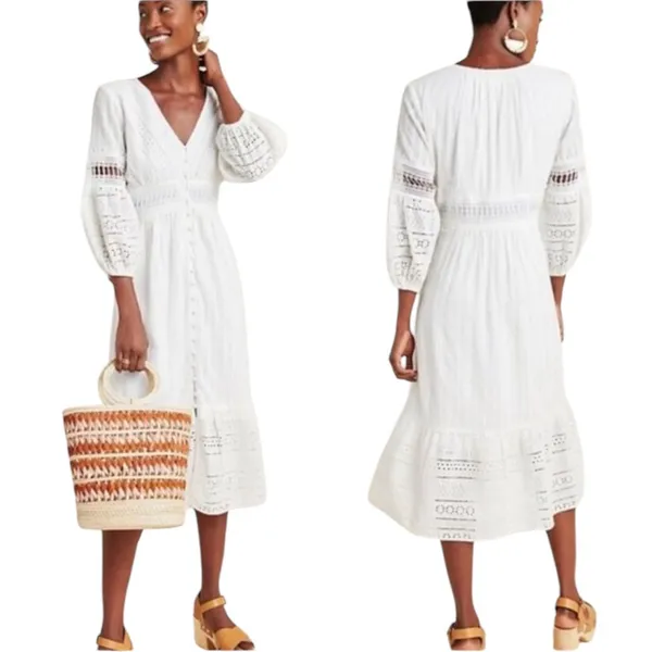 Anthropologie Ebba Midi White Eyelet Dress Size 4 - Image 2