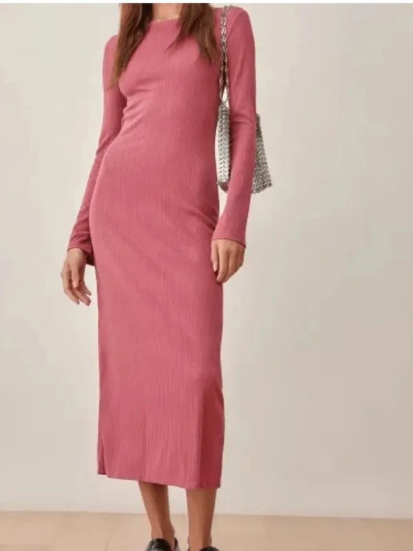 Reformation Women’s Benedict Long Sleeve Tie Back Ribbed Knit Midi Dress Rust - Image 3