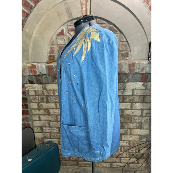 Jean Jacket open front gold shoulders studded bedazzled 1990s Blue Size XL - Image 5