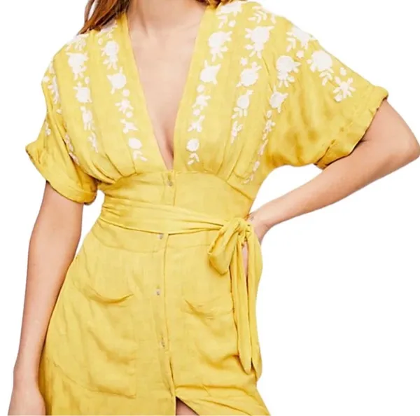 Free People Dress Midi Yellow Floral Medium - Image 4
