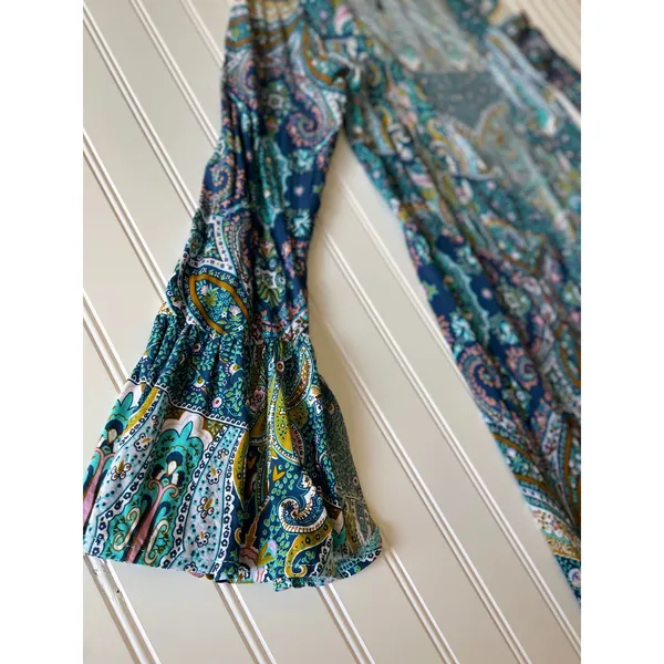 R.Vivimos Paisley Maxi Dress Cardigan Tie Front Bell Sleeve Duster Teal S - Image 6
