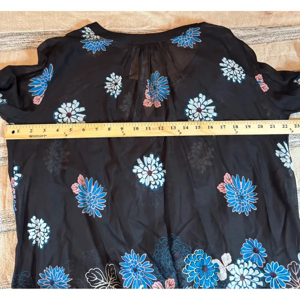 LOFT Floral Split Neck Tunic Top Black Blue Pink Cotton Rayon Size M NEW - Image 3
