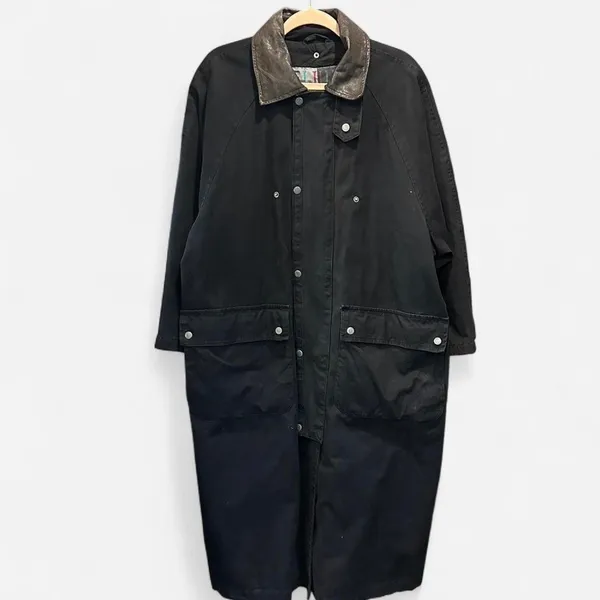 Vintage 90s Black Cotton Maxi Barn Jacket Leather Collar Oversized Small - Image 3