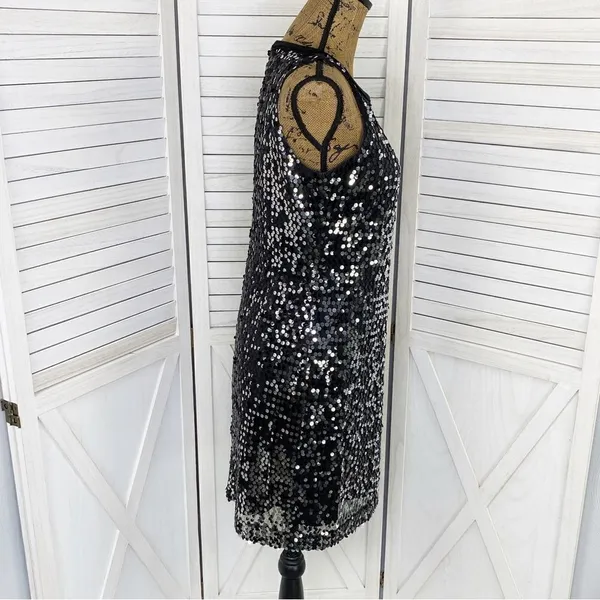 Banana Republic‎ Sequin Sleeveless Shift Party Cocktail Dress Silver Black 2 - Image 3