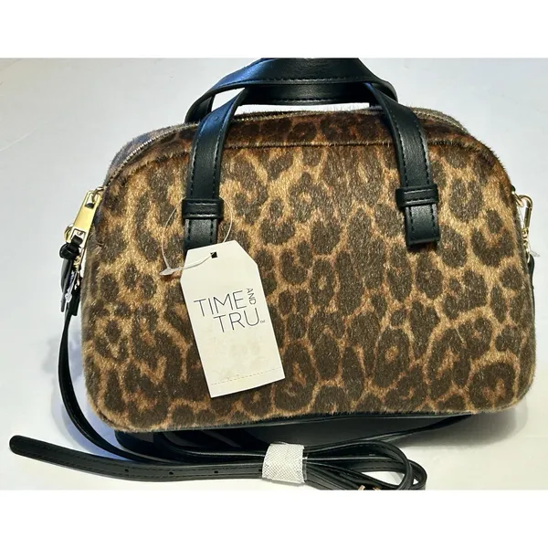 NWT Time and Tru Women Mini Satchel Crossbody Bag Faux Fur Leopard Print Boxy - Image 6