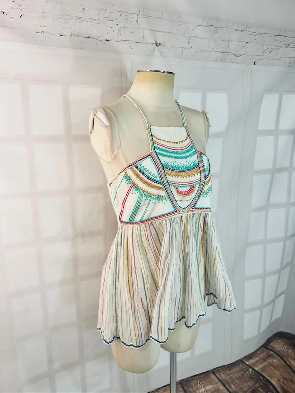Anthropologie Floreat Ivory Itzel Halter Embroidered Babydoll Tank Top Size 4 - Image 5