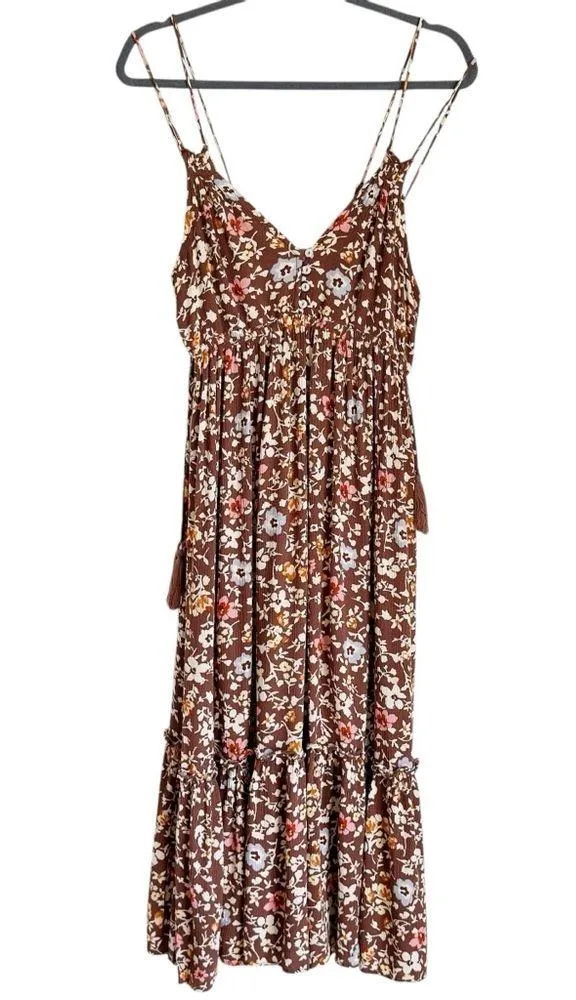 Pinkblush Boho Brown Floral Empire Waist Ruffle Hem Maternity Midi Dress Small - Image 3