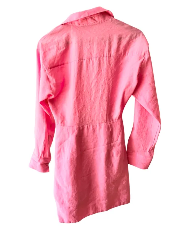 Zara Barbie Pink Draped Long Sleeve Dress Deep Vneck Collared M - Image 5
