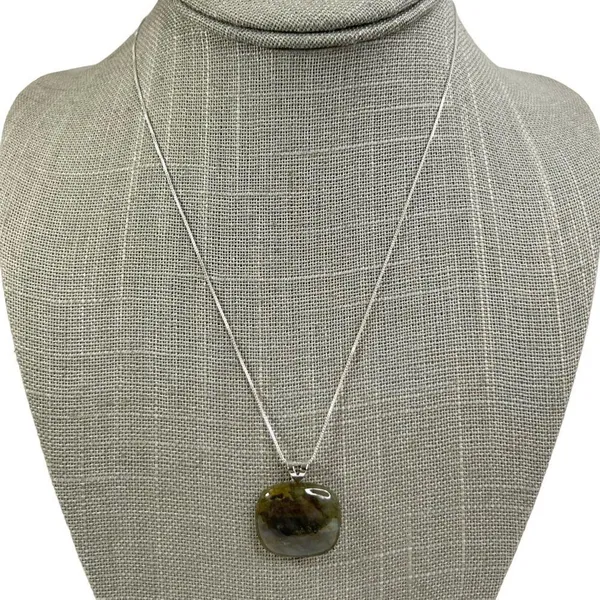 Green & Blue Square Glass Pendant Sterling Silver Box Chain Necklace - Image 2