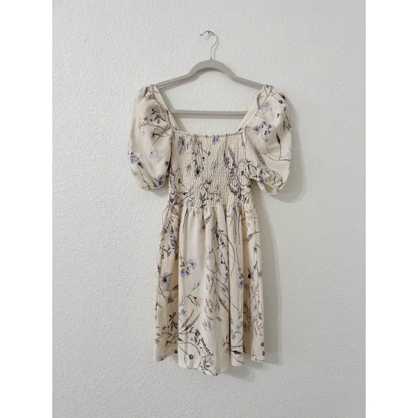 H&M Floral Smocked Puff Sleeve Mini Dress Cream XS - Image 2