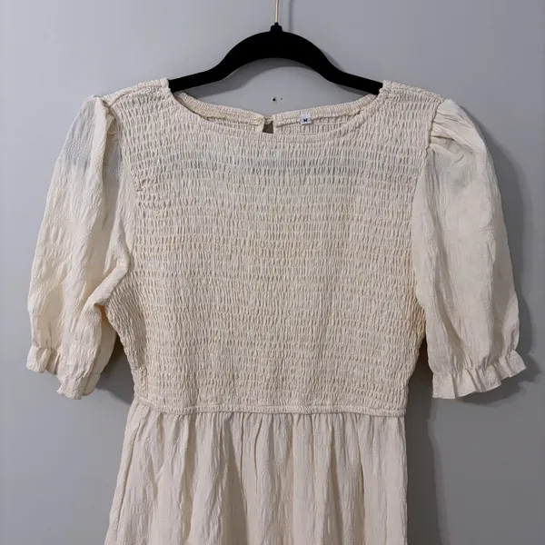 Cream Smocked Puff Sleeve Tiered Maxi Dress Cottagecore Textured Boho Medium - Image 3
