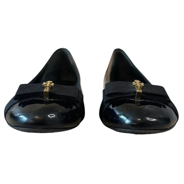 Tory Burch Trudy Patent Leather Ballet Flats Black Bow Logo Size 8.5 - Image 2