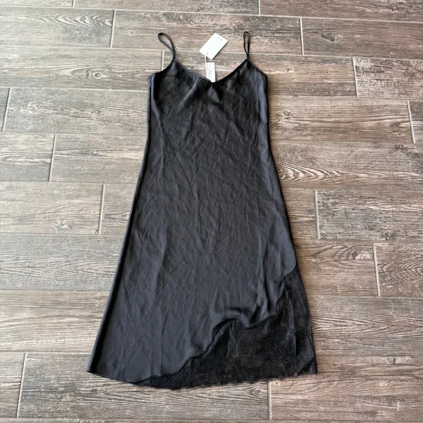 Aritzia Wilfred Black Sonnet Satin Lace Slip Dress Adjustable Straps - Image 3