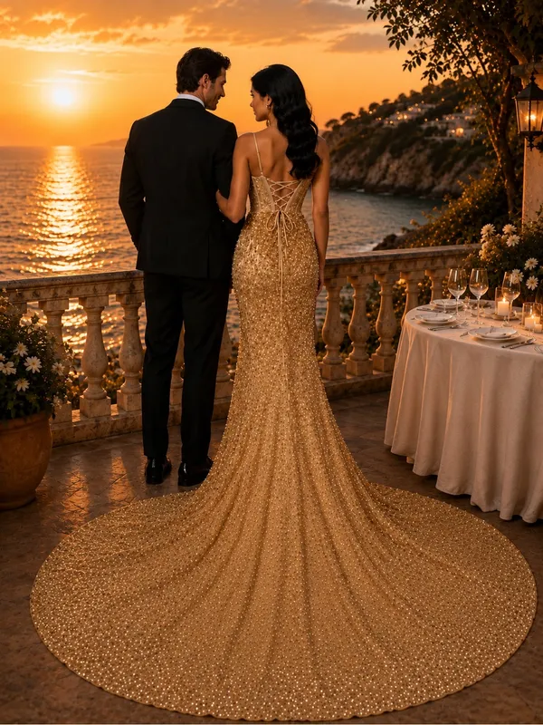 #15-14 Gold Velvet Bustier sequins embroidered appliqué long dress-Small/Size 4 - Image 3