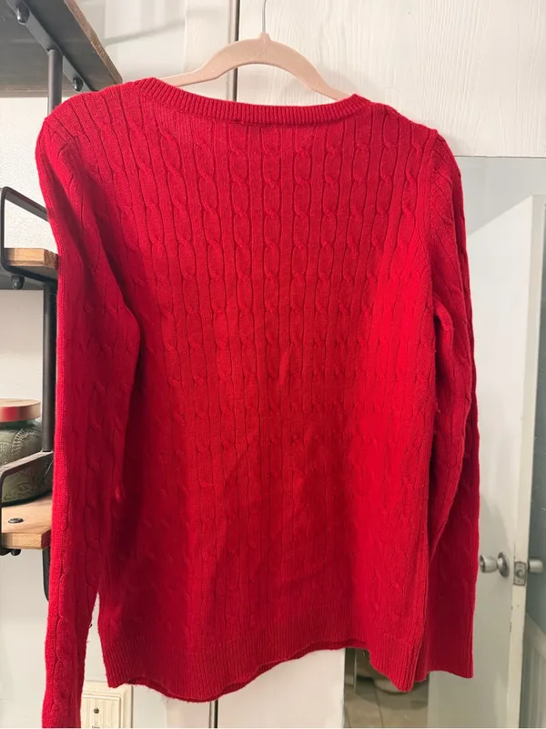 Talbots Red Cable-Knit Crewneck Sweater with Shoulder Buttons - Image 5