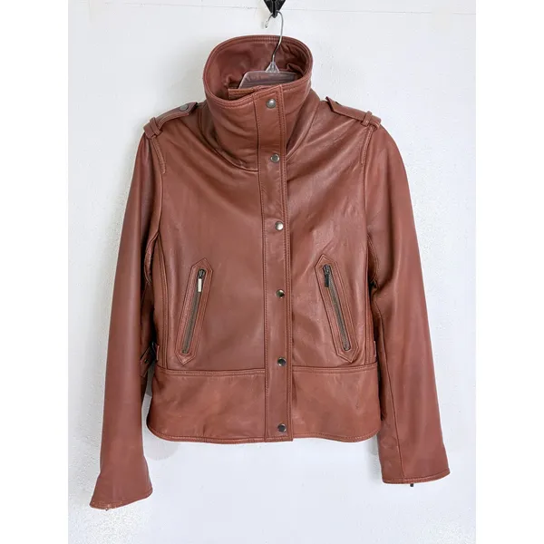 Y2K Vintage Leather Moto Jacket Cognac Brown Pelle Studio Funnel Neck M - Image 6