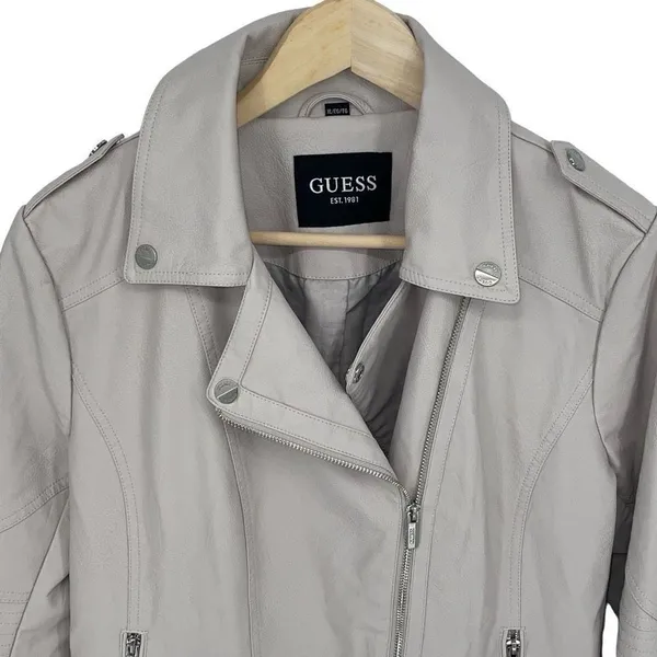 Guess Womens Asymmetric Full Zip Faux Leather Moto Jacket Stone Gray Size XL NWT - Image 2