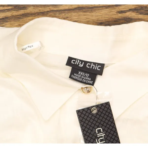 City Chic Womens Trendy Plus Size Tropical Tie Collared Top Ivory Off White 2XS - Image 5