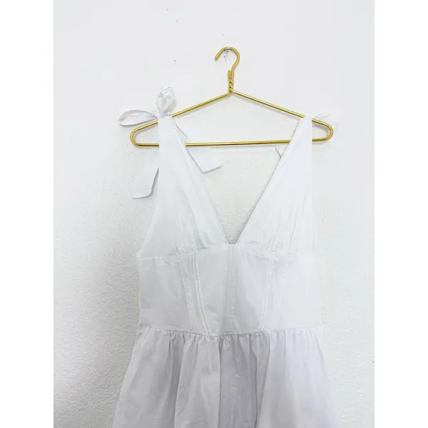 Zara White Poplin Tie Strap Midi Dress Large Milkmaid Corset Drop Waist 0881/334 - Image 5