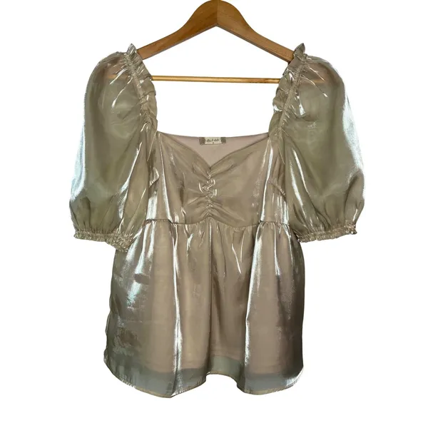 Altar'd State Babydoll Top Women Medium‎ Champagne Gold Metallic Puff Sleeve - Image 2