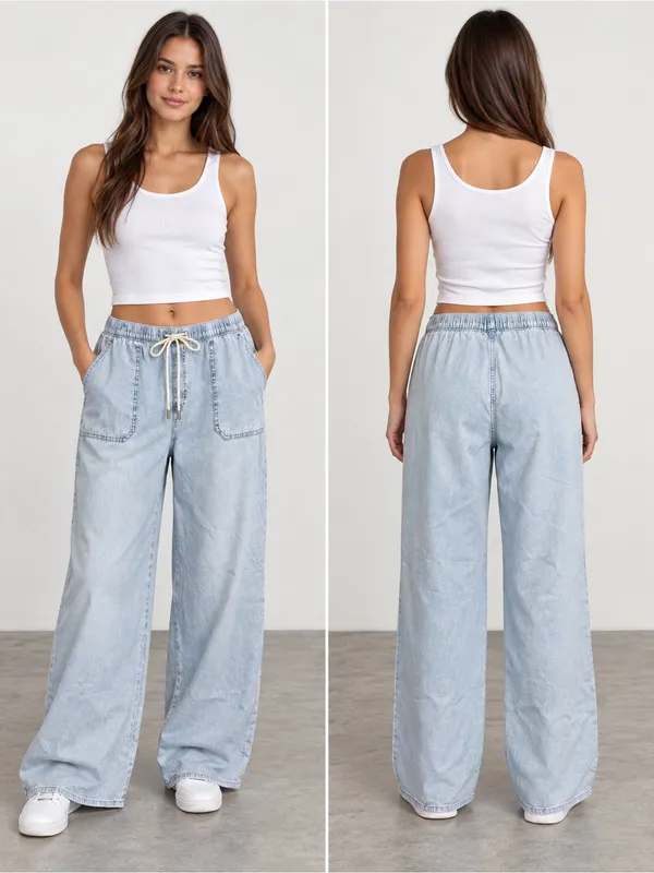 Michael Kors Light Blue Wide-Leg Drawstring Jeans size L - Image 2