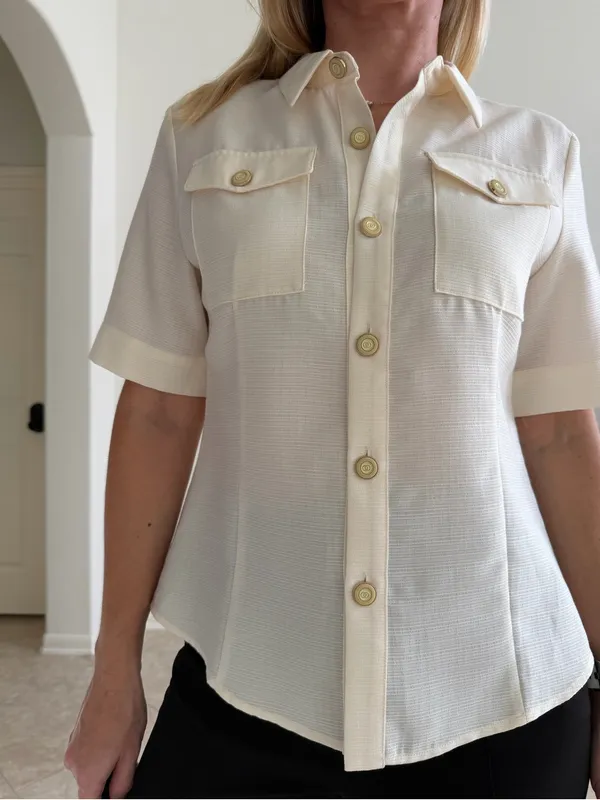 AMII Ivory Textured Short Sleeve Button Down Shirt Gold Buttons M - Image 6