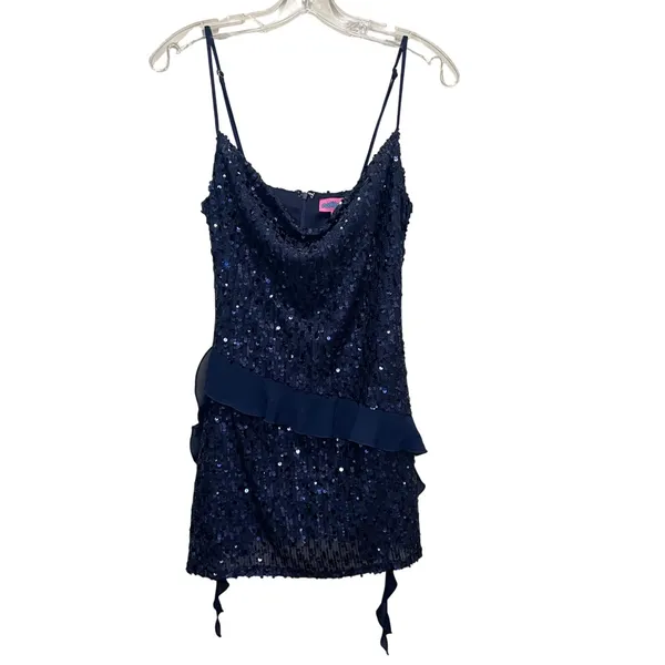 Edikted Sequin Ruffle Cowl Neck Mini Dress Navy Blue Women’s Size Small NWT - Image 3