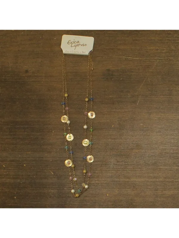 NWT Erica Lyons Womens Long Beaded Coin Doubled Necklace Gold Multi 33.5" + 3" - Image 2
