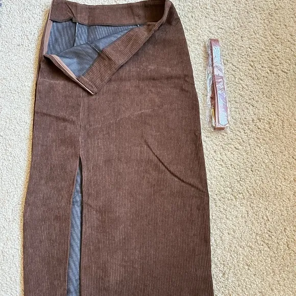 Corduroy Midi Skirt Women Small Brown New High Waist Front‎ Slit with Belt xxs - Image 7