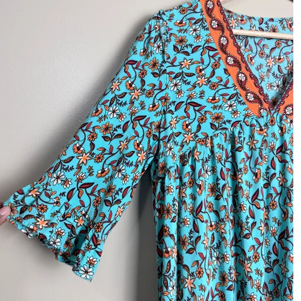 Women's Boho Floral Midi Dress L Turquoise Peasant Hippie Resort Empire Waist - Image 4