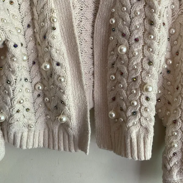 Anthropologie Embellished Pearl Open Cream Cardigan - Image 10