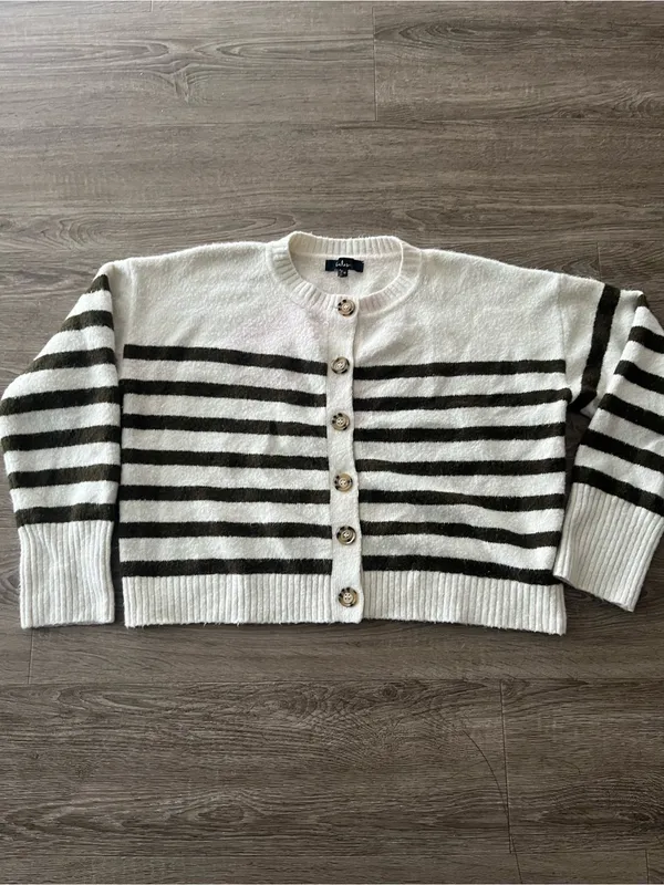 Lulus Knit Cardigan Womens Medium Ivory Olive Striped Fuzzy Wool Blend Cropped - Image 2