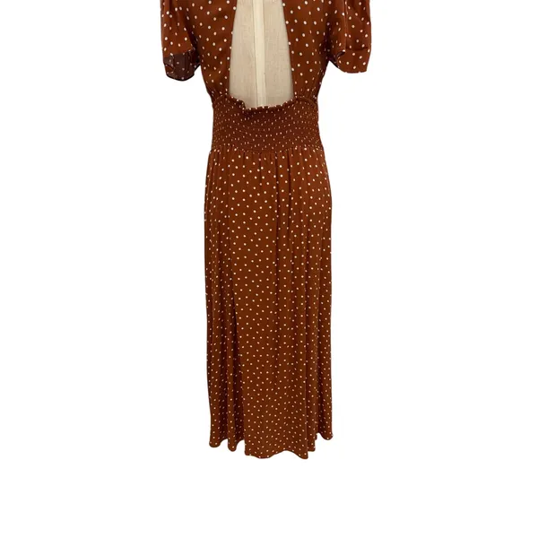 AFRM Jamie Open‎ Back Midi Dress Brown White Polka Dot Puff Sleeve Size Medium - Image 11