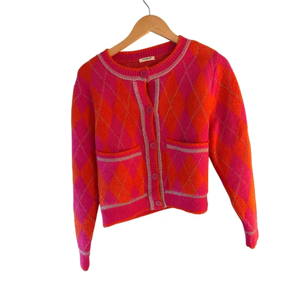 Sunday Up Pink Orange Argyle Cardigan Small Metallic Silver Trim Cropped - Image 5