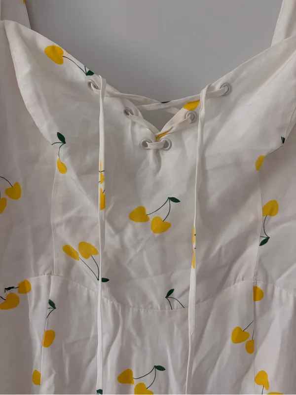 For Love & Lemons Ashland Lace Up White Yellow Cherry Print Y2K Boho Mini Dress - Image 4