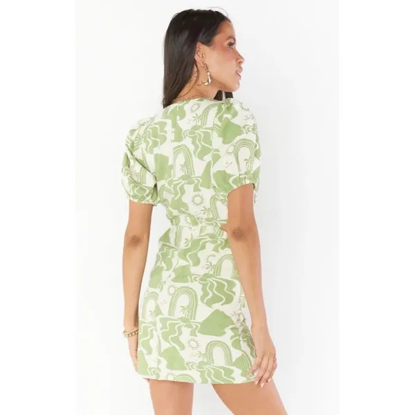 Show Me Your Mumu Green Floral Puff Short Sleeve Cut Out Mini Dress Size Medium - Image 2