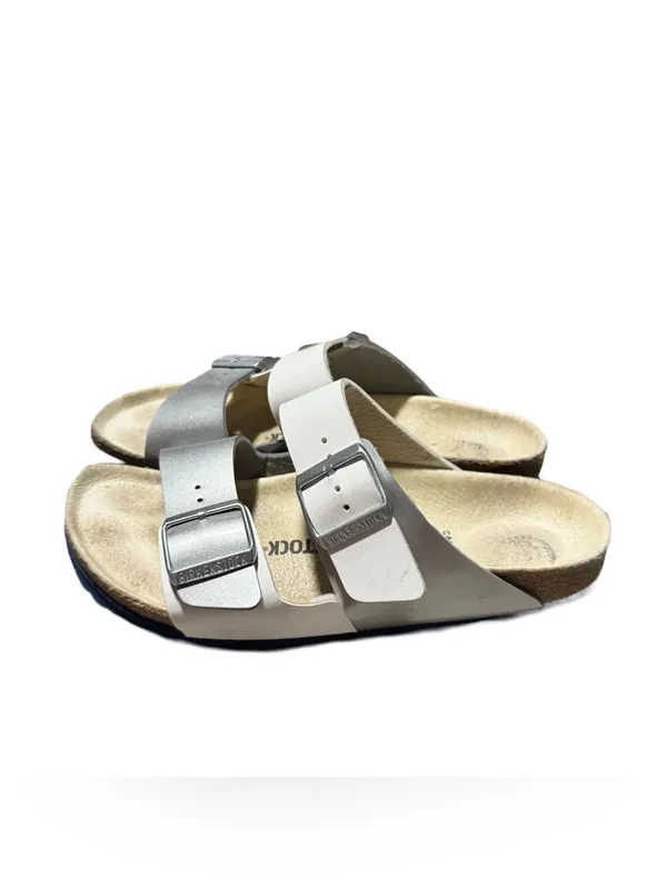 Birkenstock Arizona Split Sandals Women's 38 Leather Two Toned White Silver - Image 4