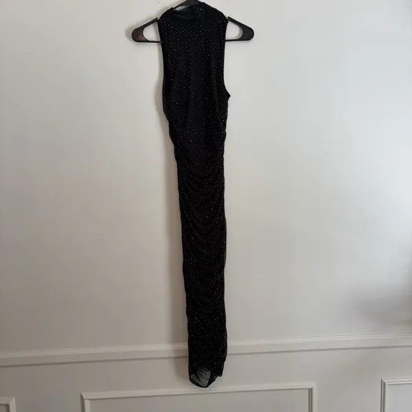 AFRM Black Mesh Mock neck Jeweled Rhinestone Midi Dress Sleeveless Small Ruched‎ - Image 7