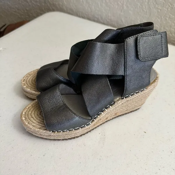 Eileen Fisher Wedge Sandals Pewter 5.5 Women Espadrille Platform Metallic Lthr - Image 9