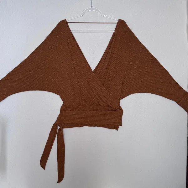 Free People East Coast Wrap Top Moroccan Spice Ribbed Knit Tie Waist NWT L - Image 15