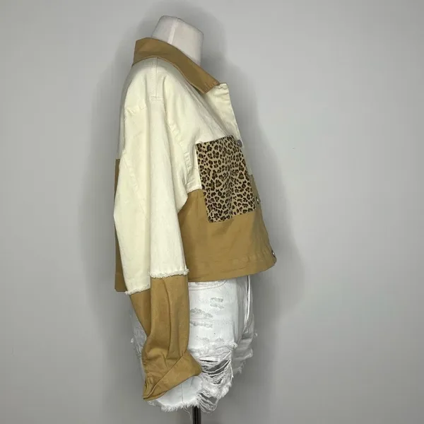 Baevely- Tan & White Cropped Jacket with Cheetah Print Pockets - Image 4