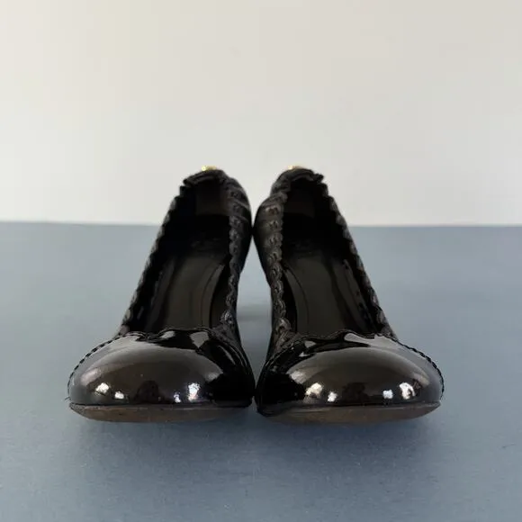 Tory Burch Abbey 2 Mid Heel Black Leather‎ Cap Toe Block Heel Pumps - Image 2