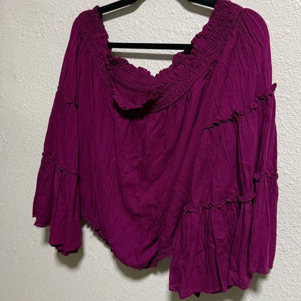 Free People Magenta Off The Shoulder Tiered Bell Sleeve‎ Boho Peasant Top Small - Image 6