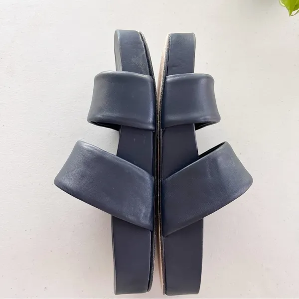 Beautiisoles Navy Blue Double-Strap Leather Minimalist Summer Slide Sandals - Image 4