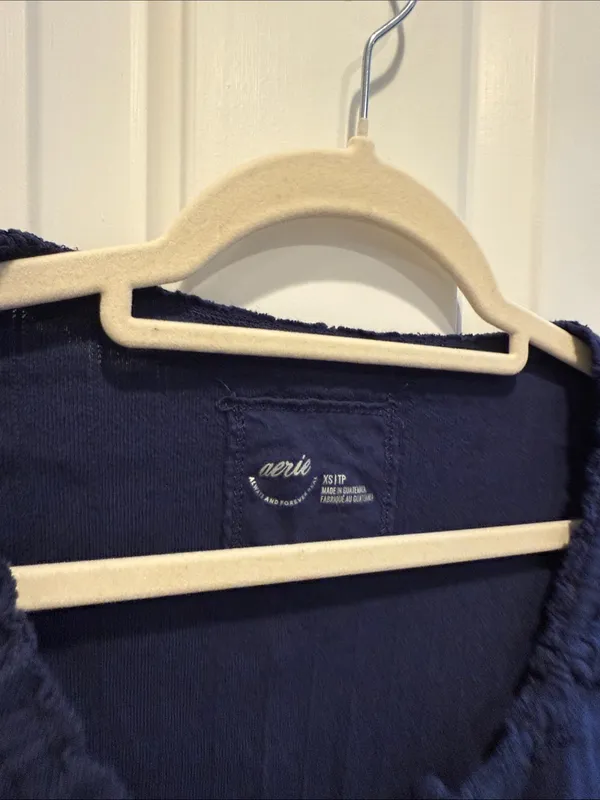 aerie Navy Short Sleeve Tie-Front Button Ribbed Top - Image 2