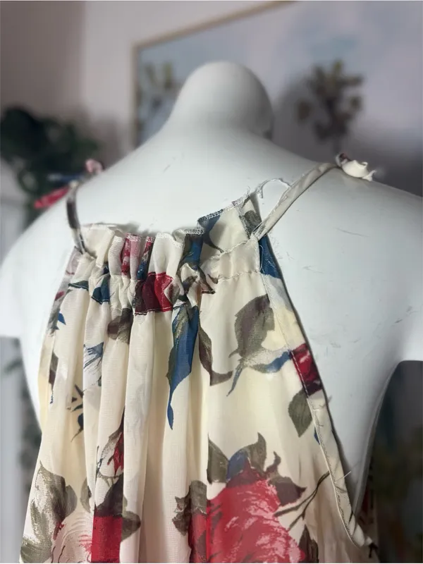 Womens Off White Floral Tank Top Blouse Large Sheer Sleeveless Boho Flow - Image 7