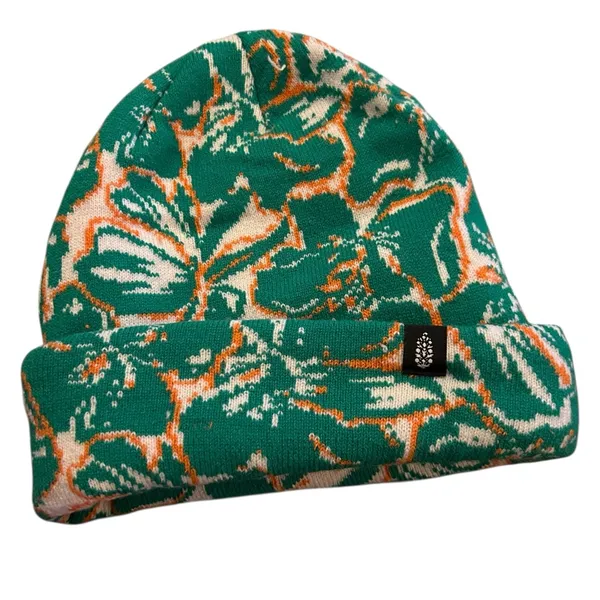 New FREE PEOPLE Jumping Jacquard Beanie Green Floral knit hat FP Movement - Image 5